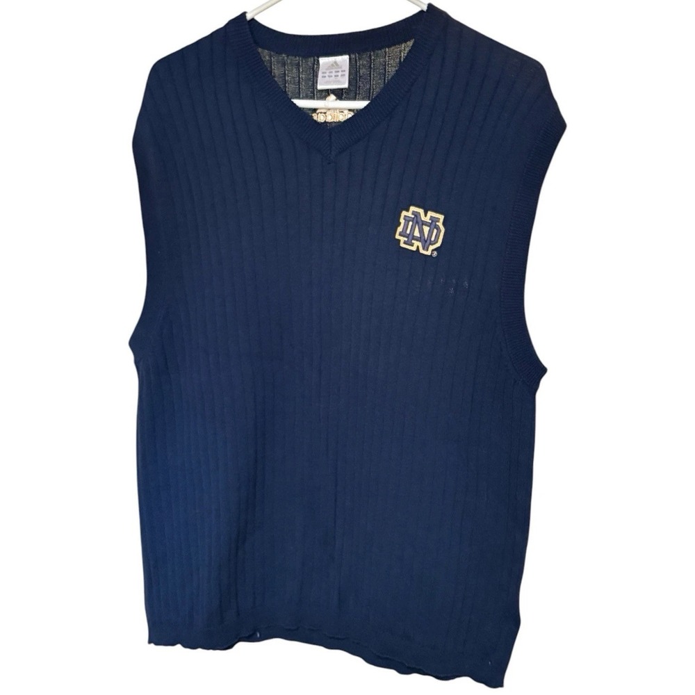 Vintage Adidas Notre Dame Vest Knit Mens Logo Pullover Blue Cotton V Neck